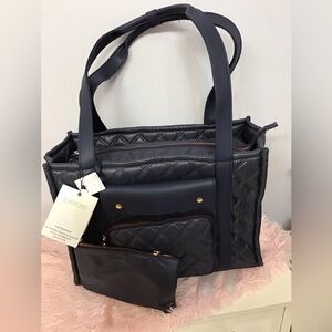 NWT Joan & David Navy 18” Double Diamond Quilted Nylon Workbook Travel Tote Bag